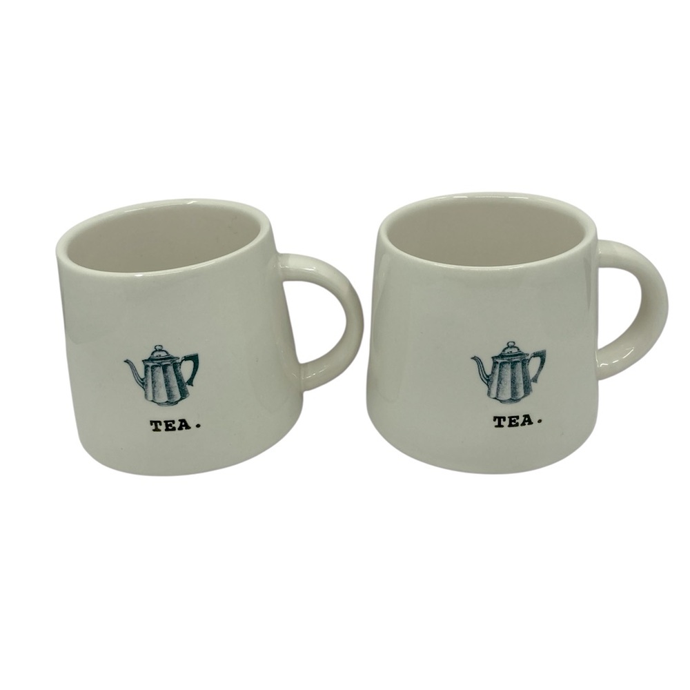 Rae Dunn Tea Pot Mugs Typewriter Font Artisan Collection by Magenta Set of 2